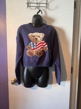 NWT Grayson Threads Navy Cropped Sweater With Americana Teddy Bear Design
